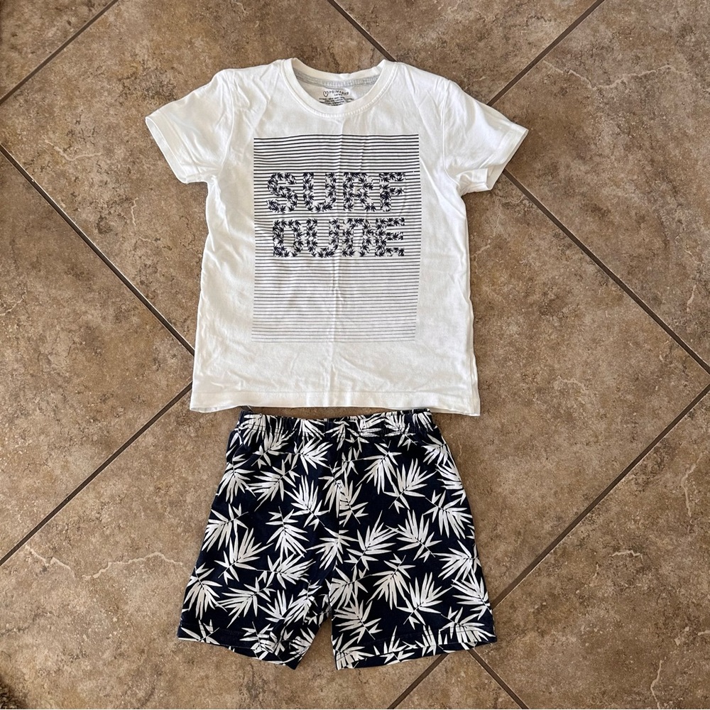 Primark White & Blue Kids 2-pc Short Pajama Set 100% Cotton Size 6-7